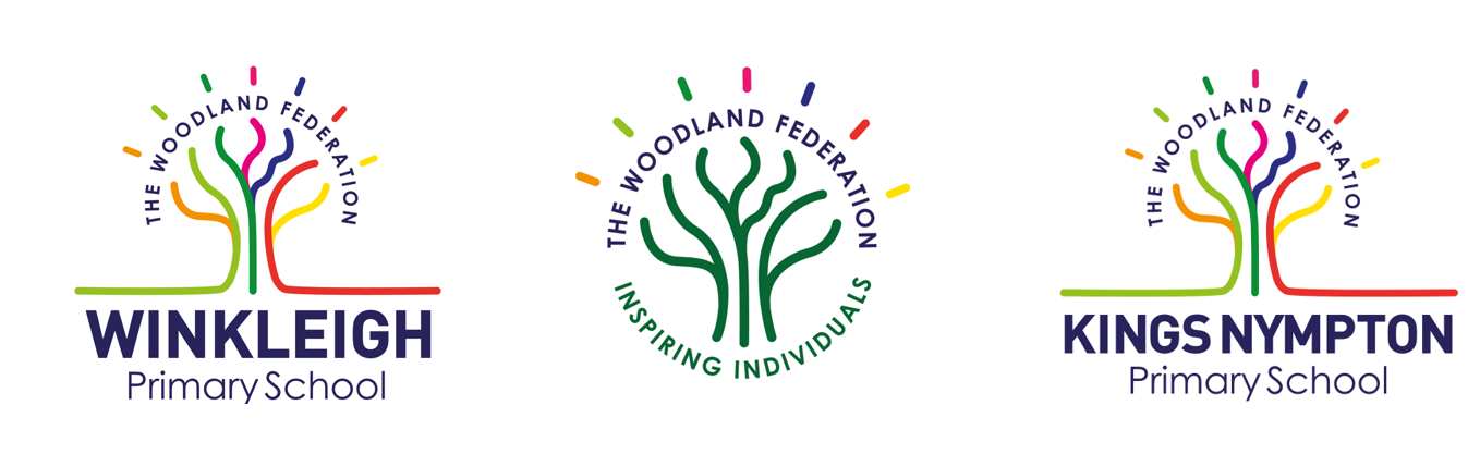 Three logos: Winkleigh Primary School, The Woodland Federation, Kings Nympton Primary School