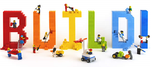 The word BUILD! spelt with Lego pieces
